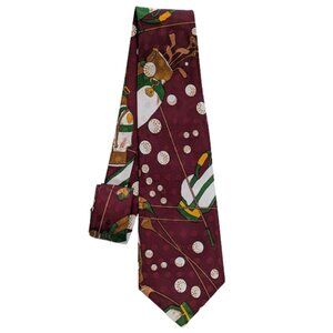 FloRence & K Silk Golf Print Tie Burgundy Green White Polo Sports Classic 59"
